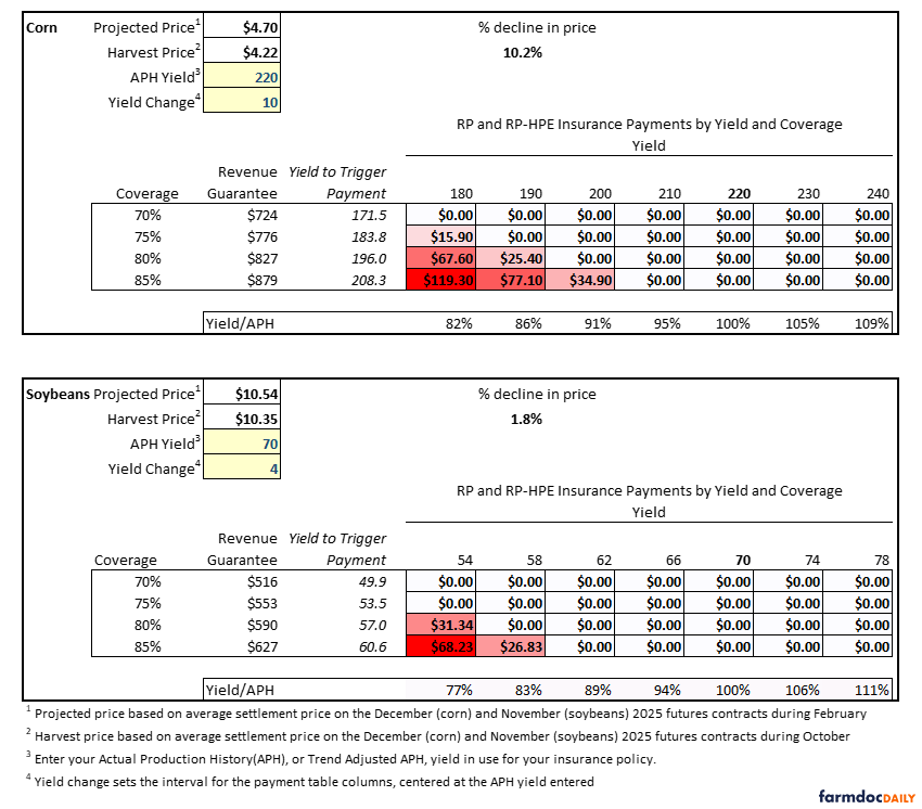 Agricultural insurance payment tables showing Revenue Protection (RP) and RP with Harvest Price Exclusion (RP-HPE) calculations for corn and soybeans. The corn table shows: projected price of $4.70, harvest price of $4.22 (10.2% decline), APH yield of 220 bushels, and yield change of 10 bushels. Insurance payments are displayed across four coverage levels (70%, 75%, 80%, 85%) with revenue guarantees ranging from $724 to $879, and yield triggers from 180 to 240 bushels per acre. Payment amounts are highlighted in red for yields below trigger levels, with the highest payments at 85% coverage: $119.10 at 180 yield and $77.10 at 190 yield. The soybeans table shows: projected price of $10.54, harvest price of $10.35 (1.8% decline), APH yield of 70 bushels, and yield change of 4 bushels. Coverage levels range from 70% to 85% with revenue guarantees from $516 to $627, and yield triggers from 54 to 78 bushels per acre. Highlighted payments include $68.23 at 85% coverage with 54 yield and $26.83 at 58 yield. Both tables include yield/APH percentage rows showing the relationship between actual yield and APH. Footnotes explain that projected prices are based on December/November 2025 futures contracts from February, harvest prices from October, and that users should enter their actual or trend-adjusted APH yields.