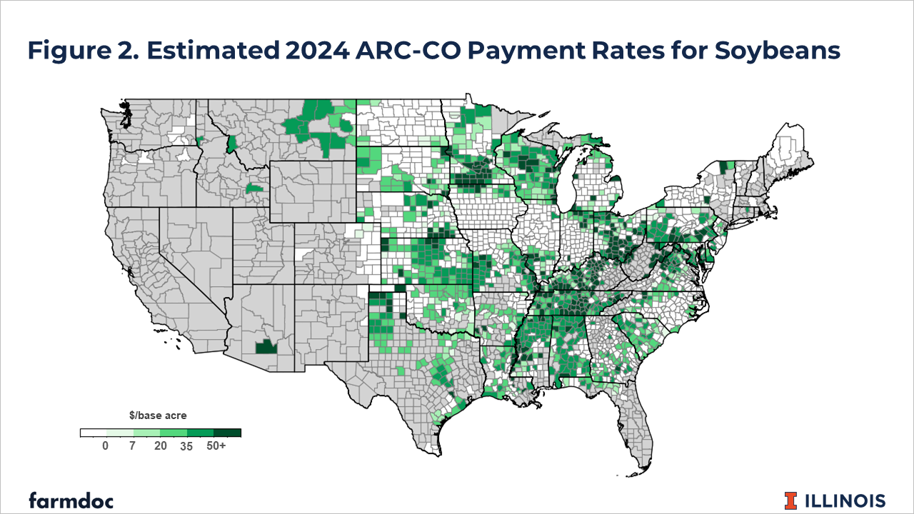 Choropleth map of the United States showing estimated 2024 ARC-CO payment rates for soybeans by county. Counties are shaded in green gradients ranging from white/gray (0 dollars per base acre) to dark green (50+ dollars per base acre).