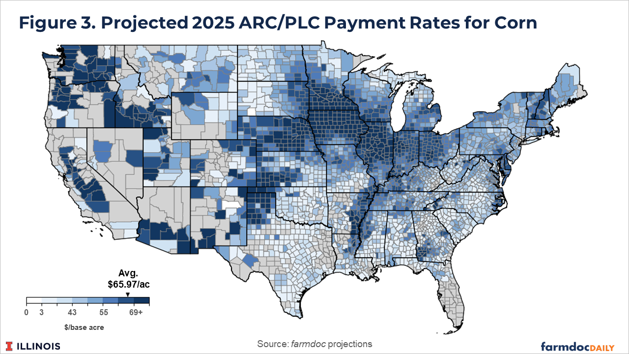 County-level heat map of the United States showing projected 2025 ARC/PLC payment rates for corn. The map uses a blue gradient from $0 to $69+ per base acre, with an average of $65.97 per acre. Darker blue shades indicating higher payment rates are concentrated in the Corn Belt states including Iowa, Illinois, Indiana, and parts of the Great Plains.