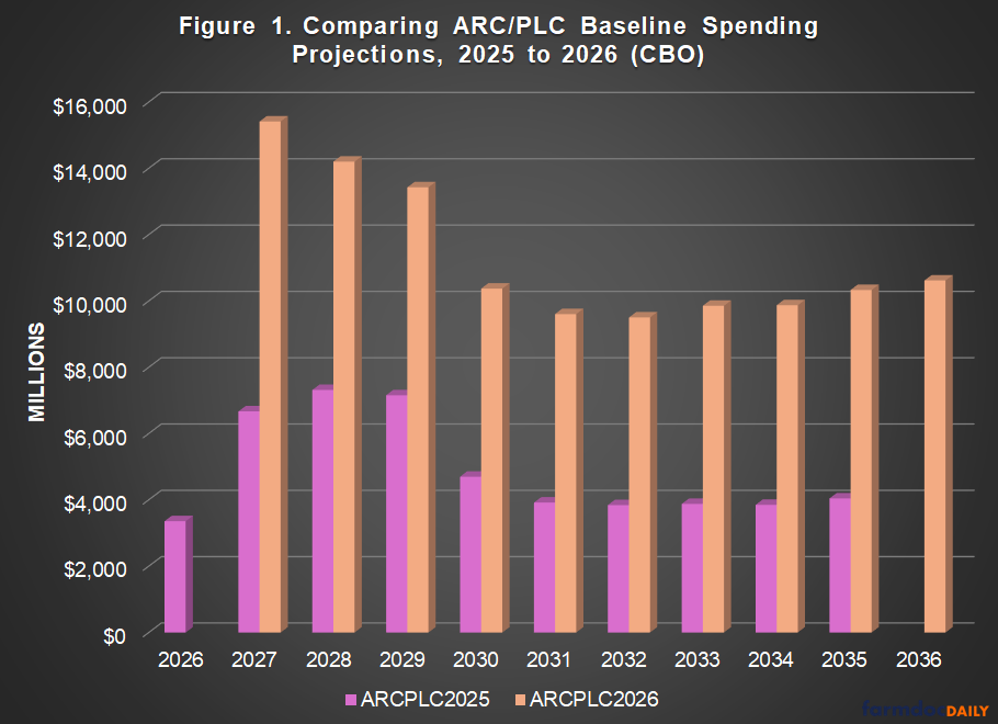 Bar chart comparing ARC/PLC baseline spending projections from 2025 to 2026 according to CBO. The chart shows paired bars for each year from 2026 to 2036, with purple bars representing ARCPLC2025 projections and tan/orange bars representing ARCPLC2026 projections. The ARCPLC2026 projections are consistently higher, ranging from approximately $10,000 to $15,700 million, while ARCPLC2025 projections range from approximately $3,500 to $7,400 million. The highest spending is projected for 2027 under ARCPLC2026 at around $15,700 million, while spending levels stabilize at around $10,000-$11,000 million in later years.