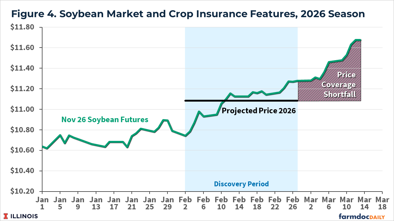 Line chart of November 2026 soybean futures prices from January to mid-March. Prices rise gradually from about $10.60 to roughly $11.10 during the February discovery period, which sets the projected insurance price. After February, prices increase further to about $11.65 in March, producing a “price coverage shortfall” where market prices exceed the insured projected price.