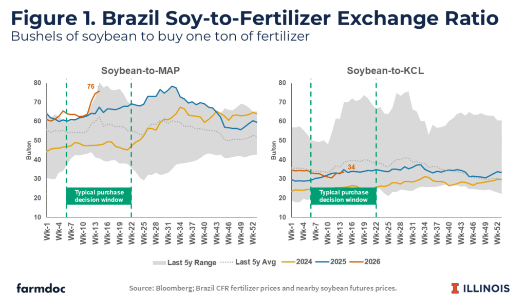 Line chart showing Brazil fertilizer-to-soy price ratios (bushels of soybean per ton of fertilizer) for weeks 1–52, comparing 2024, 2025, and 2026 to the last five-year range and average. The left panel shows MAP-to-Soybean ratios, where the 2026 line reached 76 bushels per ton near week 7 - at the upper boundary of the five-year range - during the typical purchase decision window (weeks 4–22). The right panel shows KCL-to-Soybean ratios, where the 2026 line reached 34 bushels per ton, tracking below the five-year average and in line with 2024 levels during the same decision window. Source: Bloomberg; Brazil CFR fertilizer prices and nearby soybean futures prices.