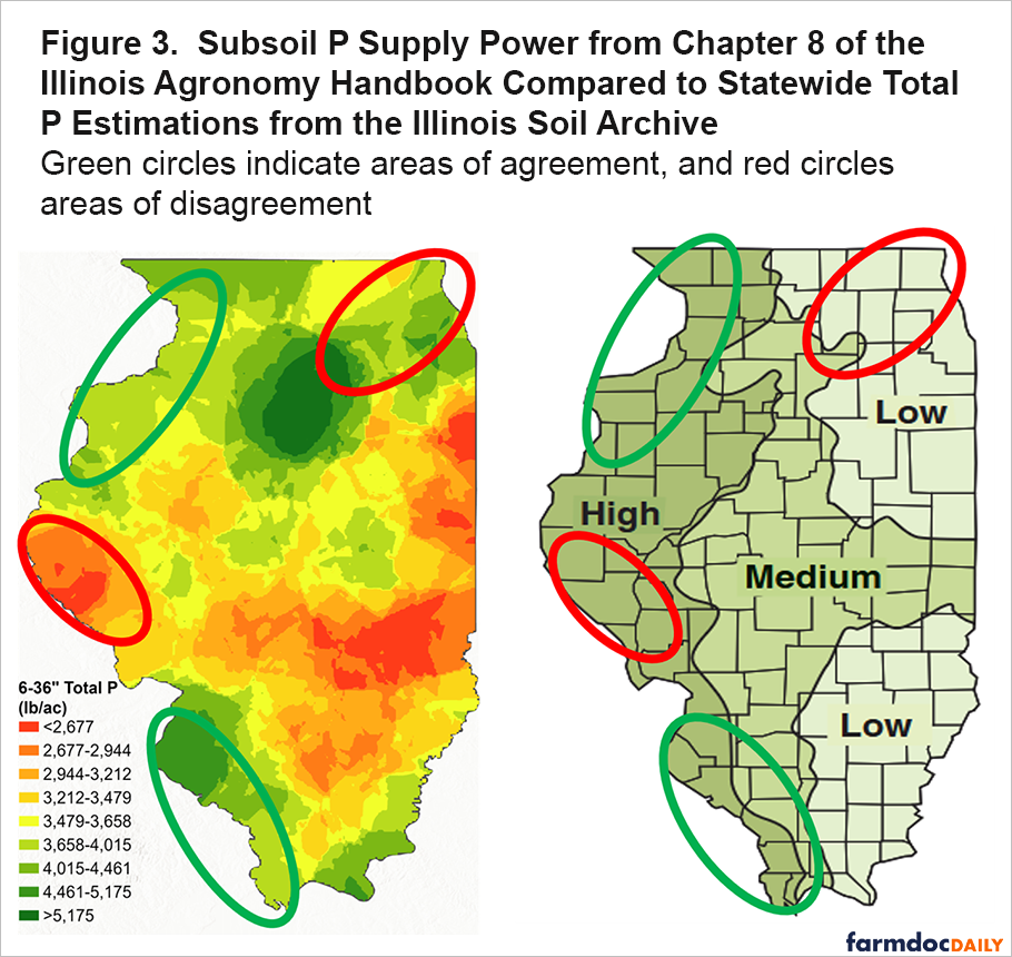 Two maps of Illinois comparing statewide estimates of subsoil phosphorus. The left map displays estimated total phosphorus in the 6–36-inch soil profile using a color gradient from low (red/orange) to high (dark green). The right map shows phosphorus supply categories from the Illinois Agronomy Handbook (High, Medium, and Low). Green ovals highlight regions where the two maps agree, while red ovals identify areas where they differ.