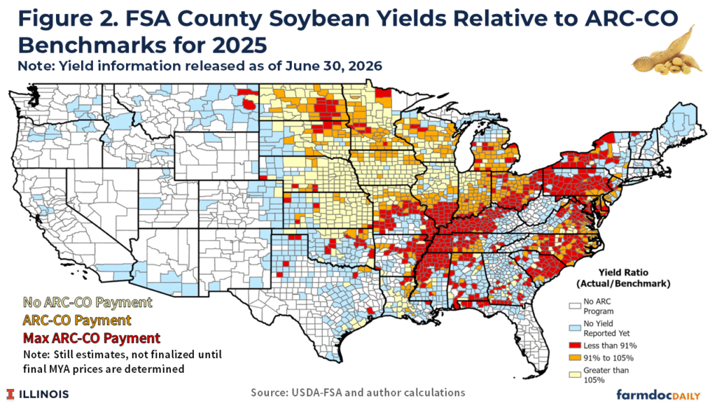 A U.S. county map shows 2025 FSA soybean yields relative to ARC-CO benchmarks using five categories: no program, no yield reported, less than 91% of benchmark, 91%–105%, and greater than 105%. Counties with yields below 91% (red) are concentrated across the eastern Corn Belt, Mid-South, and Appalachian regions, while yields above 105% (light yellow) are more common in the central Plains and western Corn Belt. The map indicates ARC-CO payment eligibility is concentrated where soybean yields fell well below benchmark levels.
