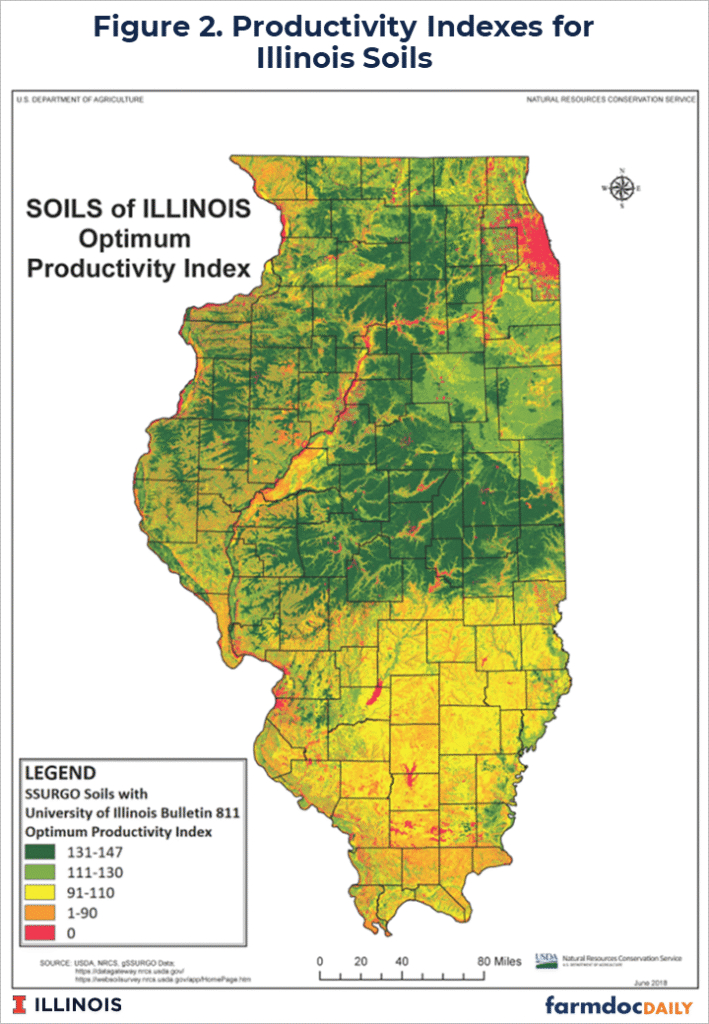 Illinois soil map showing optimum productivity indexes by soil type. Dark green indicates the most productive soils, with indexes of 131–147, followed by light green at 111–130, yellow at 91–110, orange at 1–90, and red at zero. The highest-productivity soils are concentrated across northern and central Illinois, while lower-productivity soils are more common in southern Illinois and along waterways.