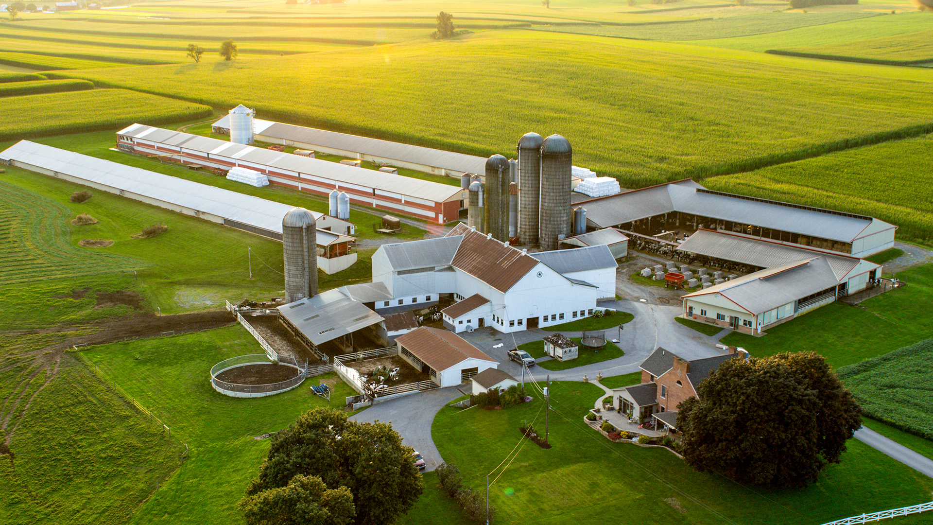 An aerial view of farm buildings and farmland in southern Lancaster County.